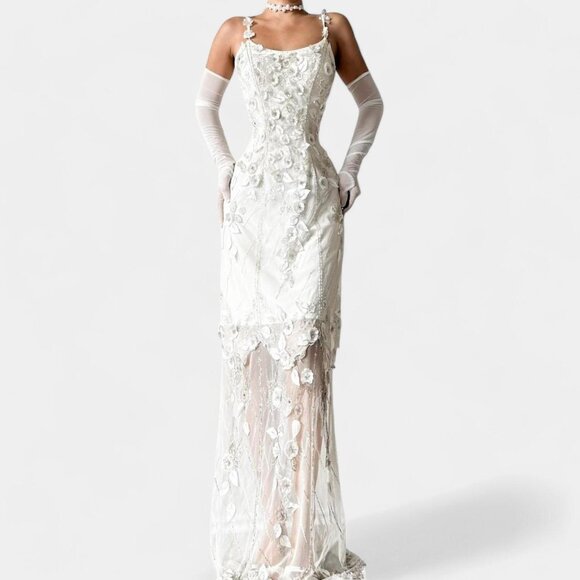 Vintage Off White Floral Applique Beaded Mesh Maxi Bodycon Prom Dress Size M - Picture 1 of 8